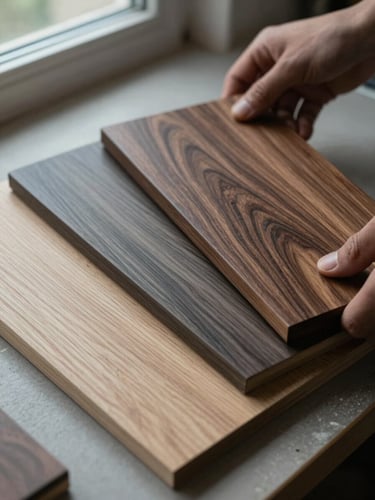 Close-up of three wood sample boards — pale oak, smoked ash, and dark walnut — laid on a workbench under cool north-facing window light, grain visible, no labels or text, hand partially placing the walnut sample