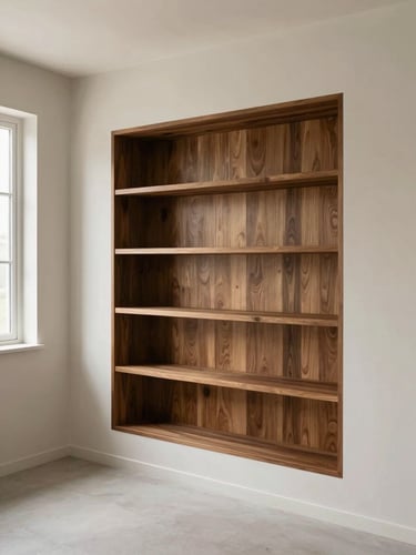Wide environmental shot of a built-in shelving alcove with walnut joinery integrated flush into plaster walls, empty room, diffuse north-facing window light