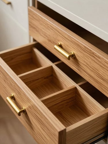 Close-up of a custom drawer interior with precisely fitted oak dividers and a brass pull handle, north daylight from the left, grain visible, no props, architectural framing