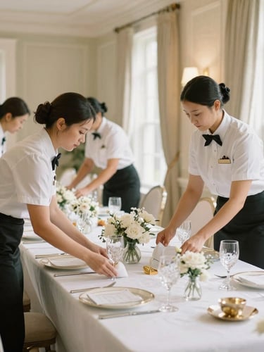 Professional staff in clean uniforms meticulously setting up an immaculate table for an event in a grand Westchester estate dining room, natural daylight, soft golden tones.