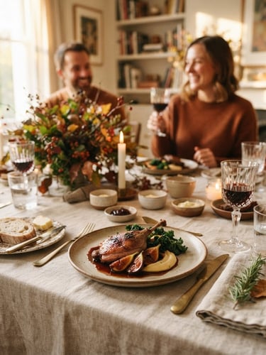 Immaculate table setting with artfully plated seasonal dishes, warm editorial photography, natural daylight, soft golden tones, shallow depth of field.