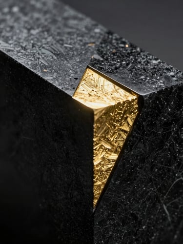 Extreme close-up of a dark, monolithic obsidian block with sharp, gold-leafed geometric incisions, resting in deep shadow with a single razor-thin light source.