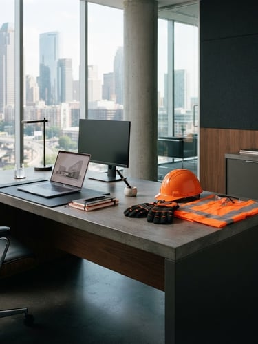 Un bureau exécutif moderne avec des fournitures de bureau élégantes sur un côté, et des équipements de protection individuelle (casque orange, gants de sécurité, gilet réfléchissant) soigneusement disposés sur l'autre, sous un éclairage de studio net avec des accents de charbon et d'orange de sécurité, composition architecturale.