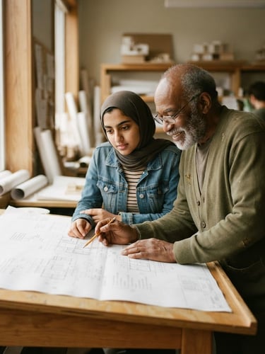 A quiet environmental portrait of a community elder and a young student looking over architectural blueprints in a sunlit classroom, soft window light, natural organic tones, shallow depth of field.