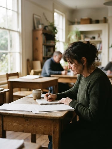 A quiet, candid documentary photograph of a local community classroom, soft natural window light filtering across wooden desks, muted organic tones, 35mm film grain, shallow depth of field.