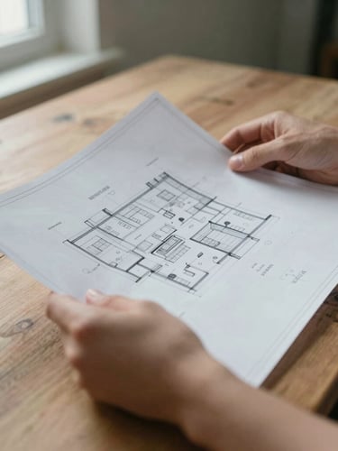 Candid documentary photo of hands holding architectural blueprints on a rustic wooden table, soft natural side lighting, focused on hands and paper.