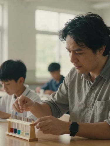 A medium-wide environmental portrait of a teacher in a sunlit, active classroom, helping a student with a science experiment in the background, soft overcast outdoor light through large windows, muted organic tones, 35mm film grain.