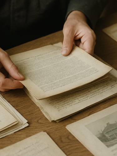 Candid close-up of hands organizing historical community archive documents on a solid oak table, soft diffused overcast light, muted tones, 35mm film grain.
