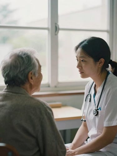 A quiet, candid moment of a healthcare worker listening to an elder in a sunlit community clinic, soft overcast outdoor light through a window, muted organic tones.