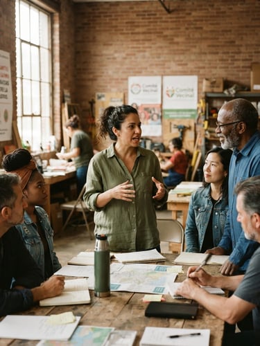 Documentary editorial photograph of a community organizer speaking with local leaders in a sunlit, brick-walled workshop space, natural window light, muted organic tones.