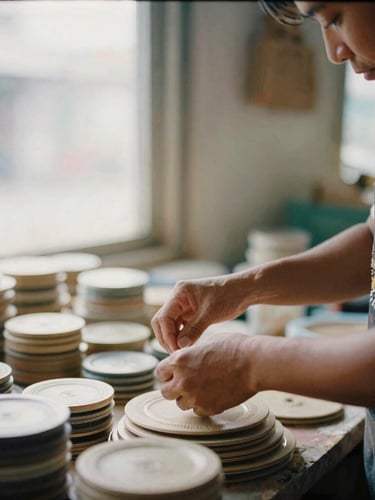 Close-up of a local artisan arranging goods in a small neighborhood market, warm morning light, shallow depth of field, authentic documentary style.