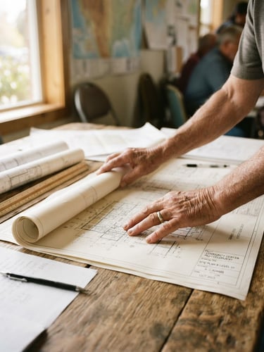 A close-up of a community leader's hands carefully organizing architectural blueprints on a rustic wooden table, soft natural window light casting gentle shadows, muted organic tones, shallow depth of field, 35mm film grain.