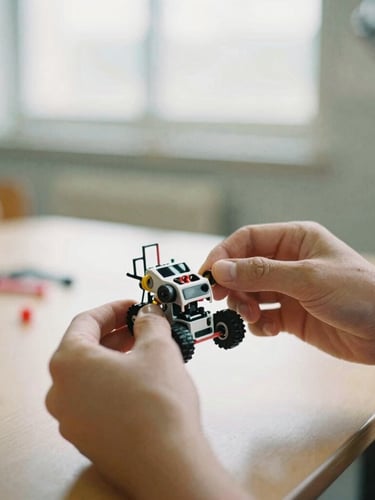 Candid close-up of hands assembling a small robotic kit in a bright classroom, natural diffused light, shallow depth of field, 35mm film grain.