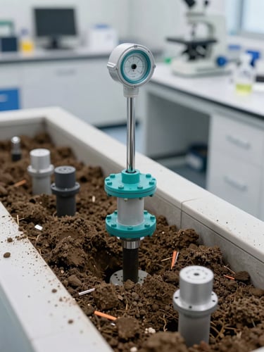Industrial soil remediation site with groundwater monitoring wells, clean technical setup, bright daylight, professional environmental engineering context
