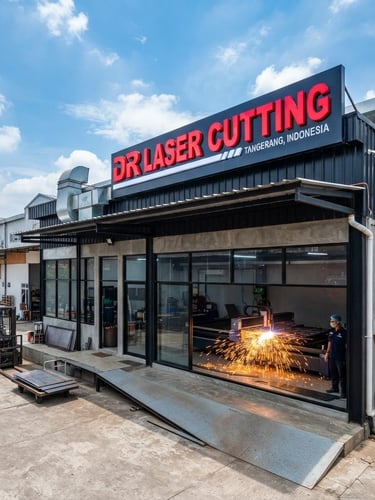 Fasad modern workshop DR Laser Cutting di Tangerang, papan nama terang, dengan latar belakang langit biru cerah, tampak depan, nuansa industrial bersih.