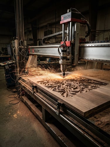 Wide shot of a large format CNC Router machine actively engraving a complex 3D relief pattern onto a thick wooden panel, sawdust flying, dramatic industrial lighting, sharp details, 35mm lens