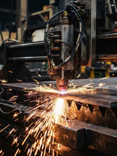 Close-up of a heavy-duty fiber laser cutting head actively slicing through a thick steel plate, brilliant orange sparks flying outwards, dramatic industrial lighting, sharp metallic details, 35mm lens