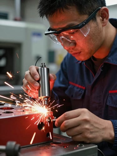 Portrait-oriented close-up of a skilled technician inspecting a freshly cut metal part, wearing safety glasses, focused expression, industrial workshop background with blurred machinery, dramatic backlighting, clean and professional.
