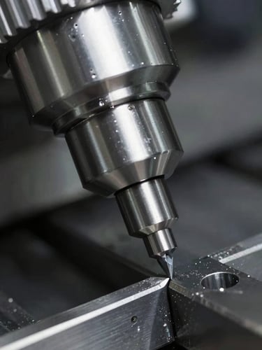 Macro close-up of a high-speed CNC spindle cutting steel, cool metallic tones, high-contrast industrial lighting