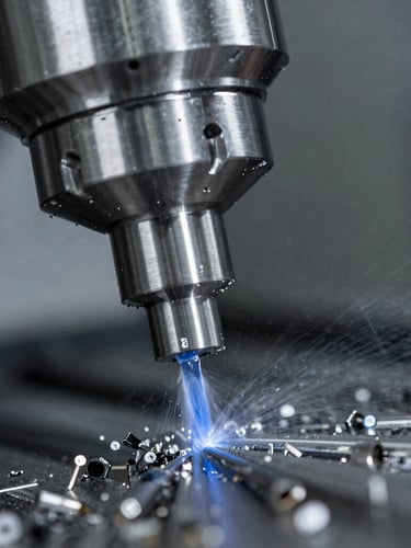 Macro close-up of a high-speed CNC spindle cutting high-grade steel, cool blue coolant fluid spraying, dynamic metal shavings, sharp industrial lighting, 50mm lens