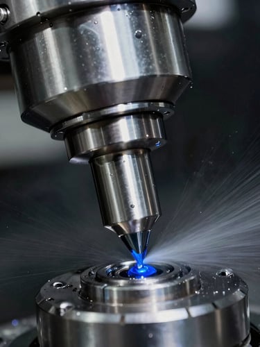 Macro close-up of a high-speed CNC spindle cutting through cold steel, blue coolant spray, dramatic industrial lighting, 50mm lens.