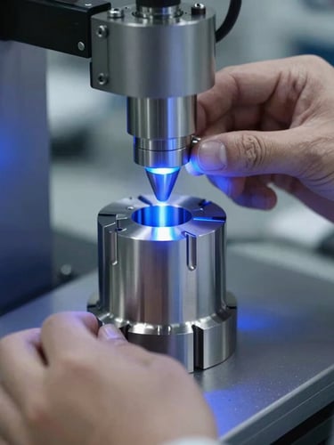 Close-up of industrial quality control engineer analyzing a machined titanium component under blue light, technical shop floor environment