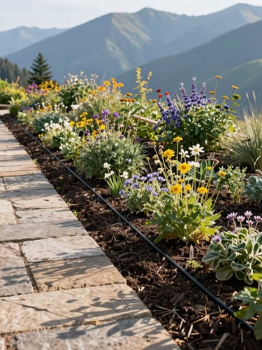 A beautifully structured high-altitude garden with stone paths, native wildflowers, and a drip irrigation line hidden under rich soil mulch, morning shadows