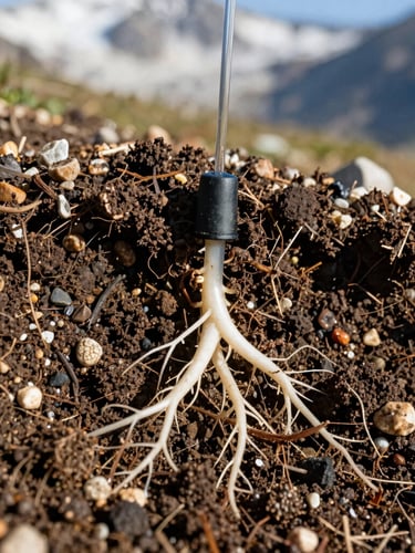 Macro shot of rich organic mountain soil mixed with fine gravel, healthy white plant roots spreading deep, drip irrigation emitter slowly watering the base, crisp morning alpine sunlight with sharp shadows.