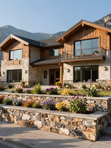 Wide environmental shot of a modern mountain home with a structured stone retaining wall and native perennials, crisp early morning sunlight with long shadows, 35mm lens