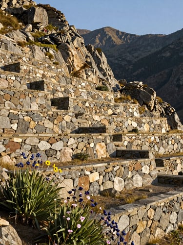 Crisp early morning sunlight illuminating a structured stone retaining wall integrated into a rugged mountain slope, native perennials in the foreground, 35mm lens