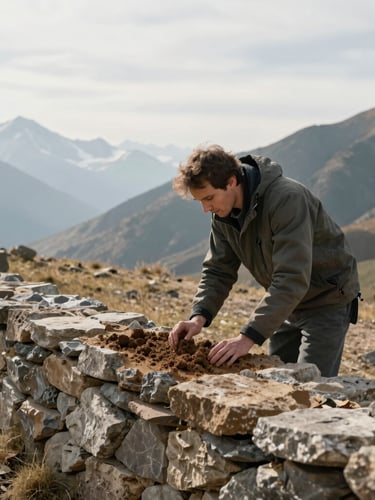 A landscape architect examining soil texture next to a dry stone wall, soft overcast alpine light, 35mm lens