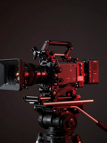 Extreme portrait crop of a professional camera operator on a heavy cinema rig, low-key dramatic lighting with a single red accent light tracing the camera silhouette, dark studio background.