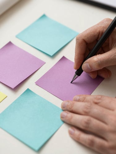 Close-up of hands planning on a physical canvas with soft malva and teal sticky notes, warm editorial photography, shallow depth of field
