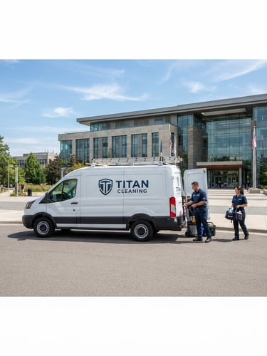 Wide shot of a branded Titan Cleaning fleet vehicle parked outside a modern government building, bright daylight, clear sky, uniformed team members visible, professional corporate tones.