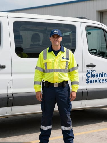 Portrait shot of a uniformed Titan Cleaning Services LLC team member in high-visibility safety gear standing next to a branded fleet vehicle, bright daylight, clean industrial environment, sharp focus, 35mm