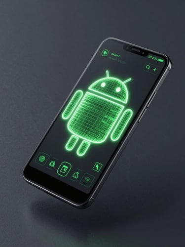 Sleek 3d render of an Android device mockup floating in a dark high-tech space, electric green UI wireframe glowing on screen, isometric angle, minimalist slate background