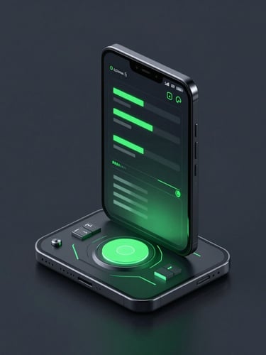 Sleek 3D render of an isometric Android device mockup showing a dark high-tech terminal UI, glowing electric green accents, crisp studio lighting, deep slate background.