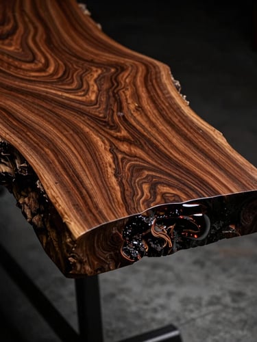 Dramatic side-lighting on a raw, live-edge slab of ancient Indian teak wood, displaying deep rich grain patterns and rugged natural textures, moody studio setting.