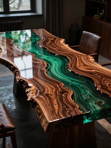 Dramatic side-lighting on a massive live-edge rosewood dining table with deep emerald epoxy resin river, glossy surface reflections, high-end architectural dining room setting, wide shot