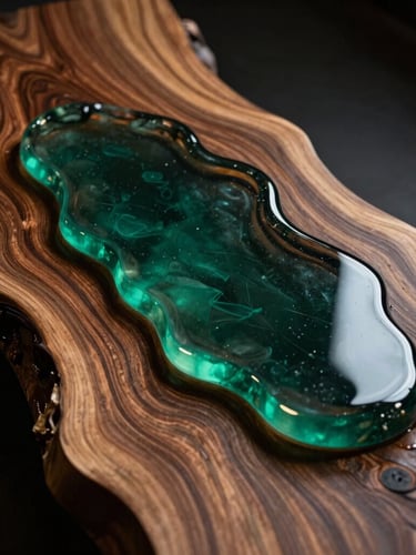 Dramatic overhead macro shot of a live-edge teak wood slab merging with deep, optical-grade emerald-tinted liquid resin, glistening hand-polished surface catching low-key side studio lighting, rich wood grains, shallow depth of field.