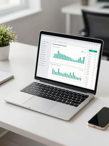 A clean modern laptop displaying a financial dashboard on a neat desk, bright even office lighting, neutral cool tones