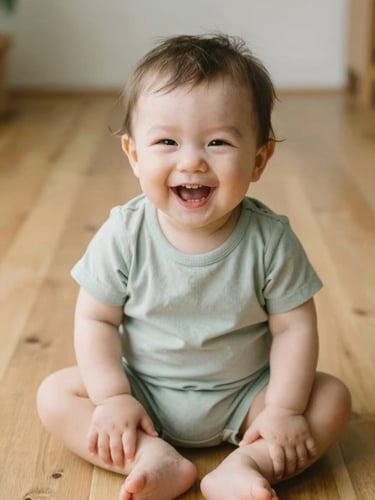 Candid lifestyle portrait of a toddler laughing in a soft sage cotton romper, sitting on a warm wooden floor, soft diffused natural daylight, shallow depth of field.