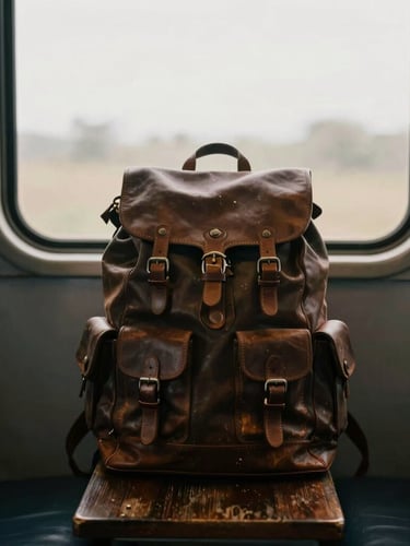 A close-up detail shot of high-end travel gear, a vintage leather backpack on a weathered wooden train seat, soft golden hour light filtering through the window, moody 35mm