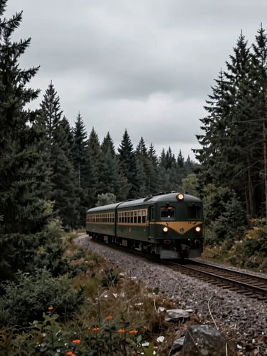 A wide cinematic shot of a vintage train winding through a dense pine forest under an overcast sky, low-contrast moody lighting.