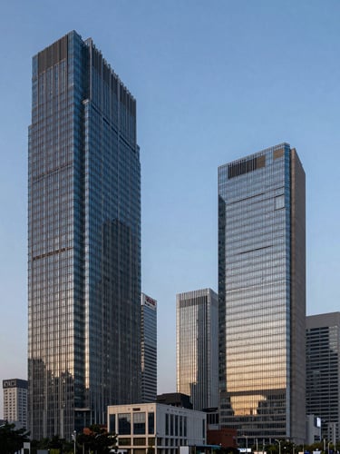 Wide-angle architectural photograph of Noida's Sector 62 skyline during the blue hour, featuring modern steel-and-glass commercial towers with clean geometric lines, expansive sky, and low horizon.