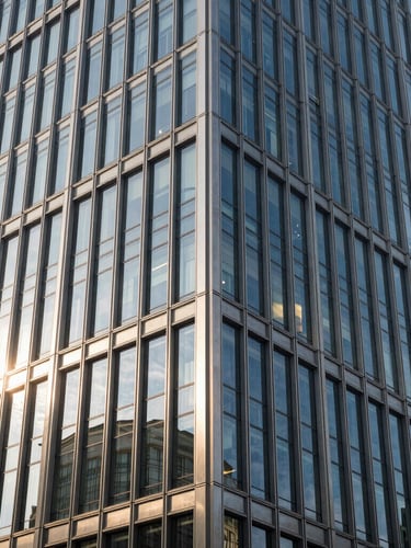 Crisp morning light reflecting off a geometric steel-and-glass facade of a modern corporate skyscraper, sharp architectural lines