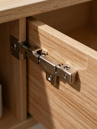 Extreme close-up of a soft-close drawer hinge mechanism inside a fitted cabinet, warm wood grain visible on the drawer face, natural daylight raking across the surface highlighting the precision of the metal fitting and wood edge