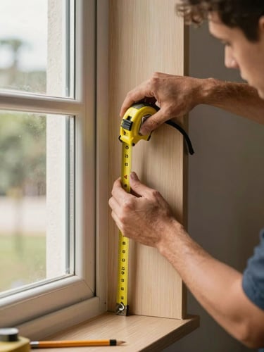Close-up of a carpenter's hands measuring a wall corner with a steel tape measure inside a real Brasília home, natural window light illuminating the wood grain of an adjacent cabinet panel, tools and pencil marks visible on the surface