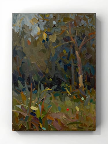 Finished large-format oil painting photographed straight-on against pure white studio surface, daylight-balanced lighting, rich impasto texture visible across the canvas, full artwork frame with no environmental context