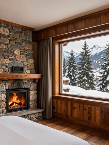 Interior of a cozy luxury hotel room in Himachal with rich wood paneling, a roaring stone fireplace, and a large glass window showing snow-covered pine trees outside.